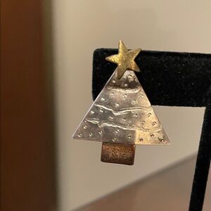 Festive Silver Tree Brooch with Gold Star and Bronze Stump